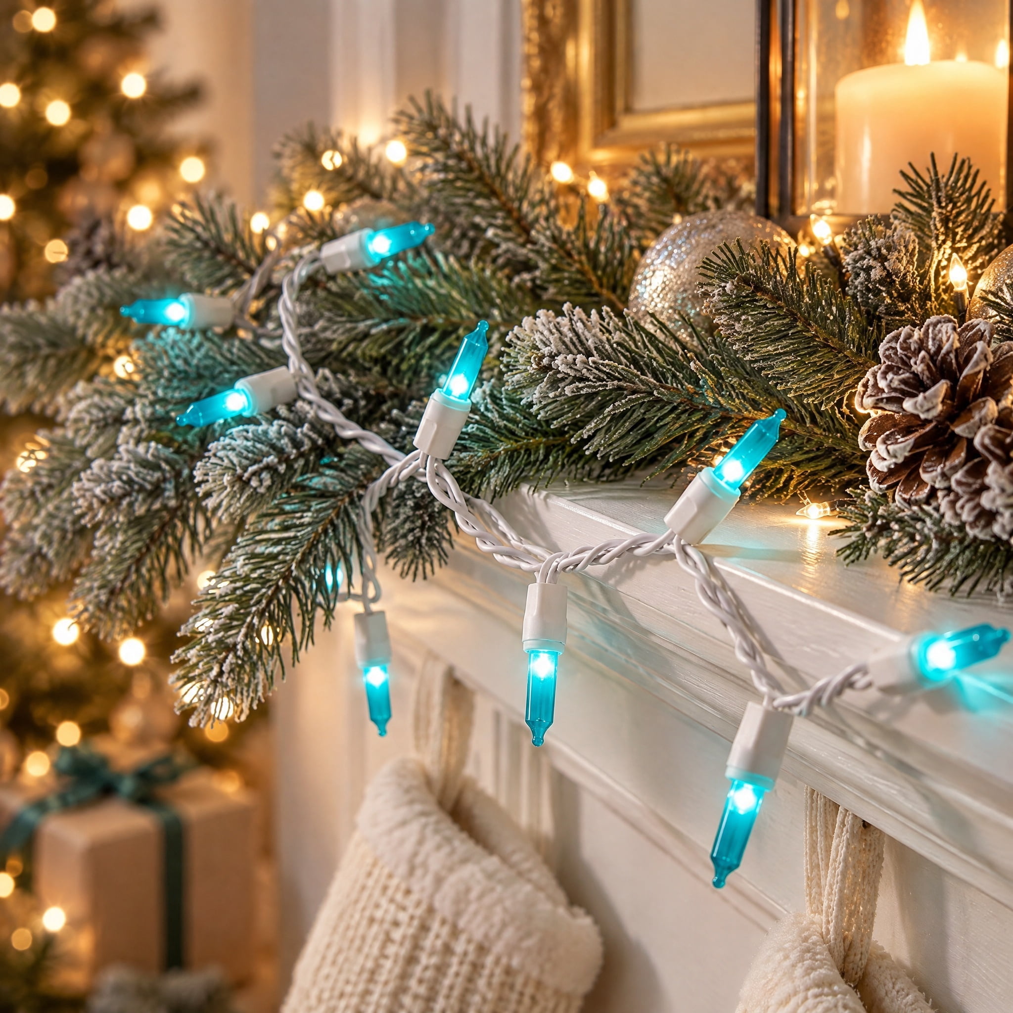 Indoor/Outdoor 100-Count LED Mini Christmas String Lights, Teal, White Wire, 19.5', by Holiday Time