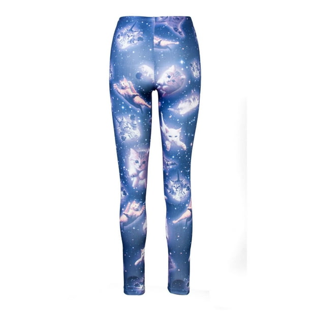 Mignon Espace Chaton Dames Leggings Bleu Marine Petit