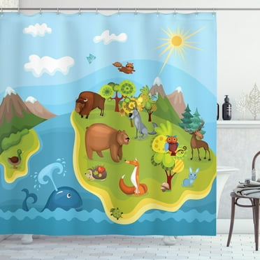 Animals Shower Curtain, Planet Globe with Cheerful Animals of All Kinds Snowy Mountains and Sunny Blue Sky, Fabric Bathroom Set with Hooks, 69W X 70L Inches, Multicolor, by Ambesonne