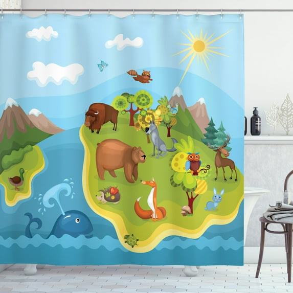 Animals Shower Curtain, Planet Globe with Cheerful Animals of All Kinds Snowy Mountains and Sunny Blue Sky, Fabric Bathroom Set with Hooks, 69W X 84L Inches Extra Long, Multicolor, by Ambesonne