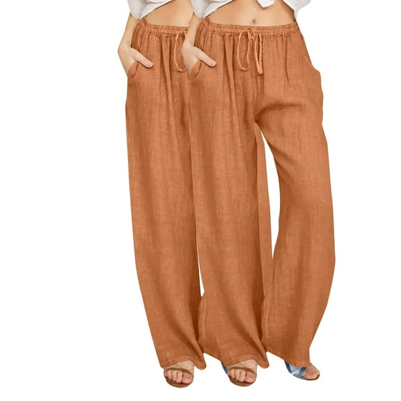 Rutainlusire Summer Cotton Linen Pants for Women Loose with Drawstring Wide Leg Casual Long Pants with Pockets for Everyday Wear