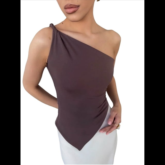 Blusa Asimétrica de Punto Sin Mangas con un Solo Hombro para Mujer, Estilo Y2K, Verano 2025 Color Café M
