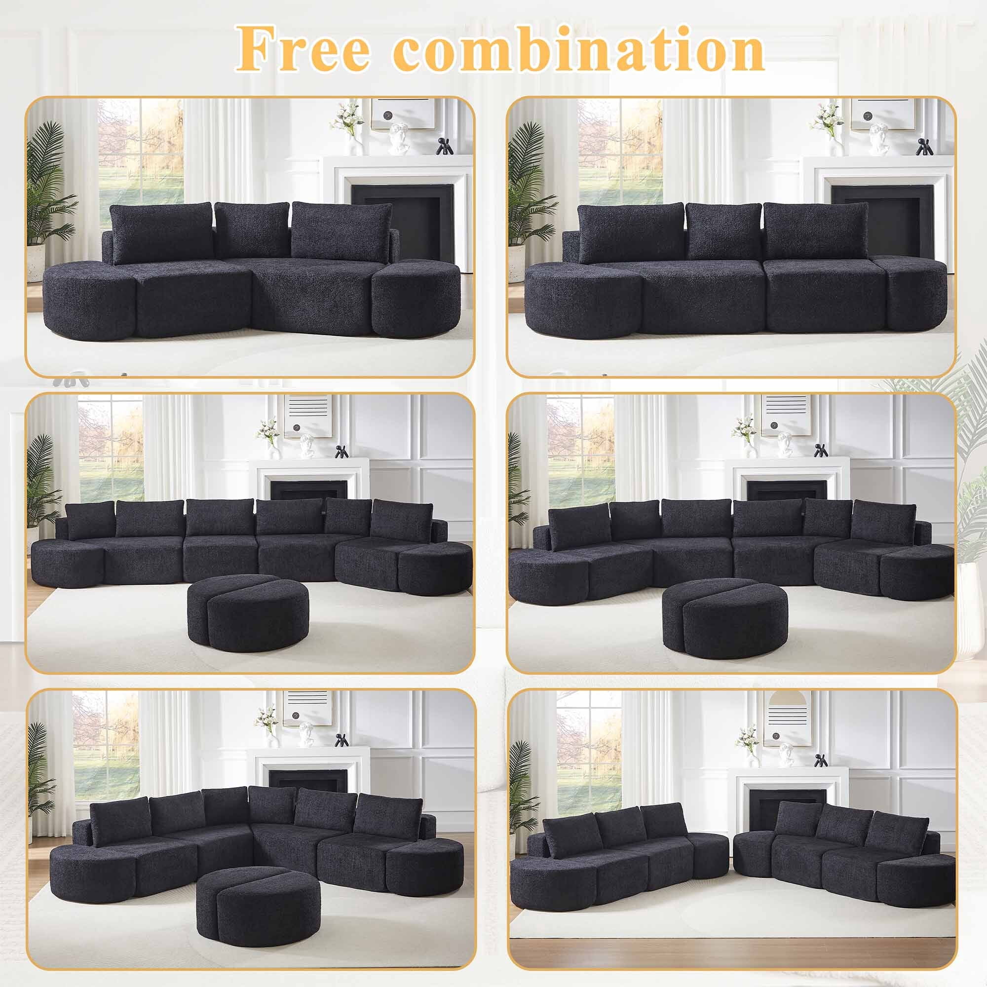 Lunale 106" Oversized Modular Sectional Sofa with 2 Curved Movable Ottomans,Boneless Cloud Couch for Living Room, Black (Left Chaise)