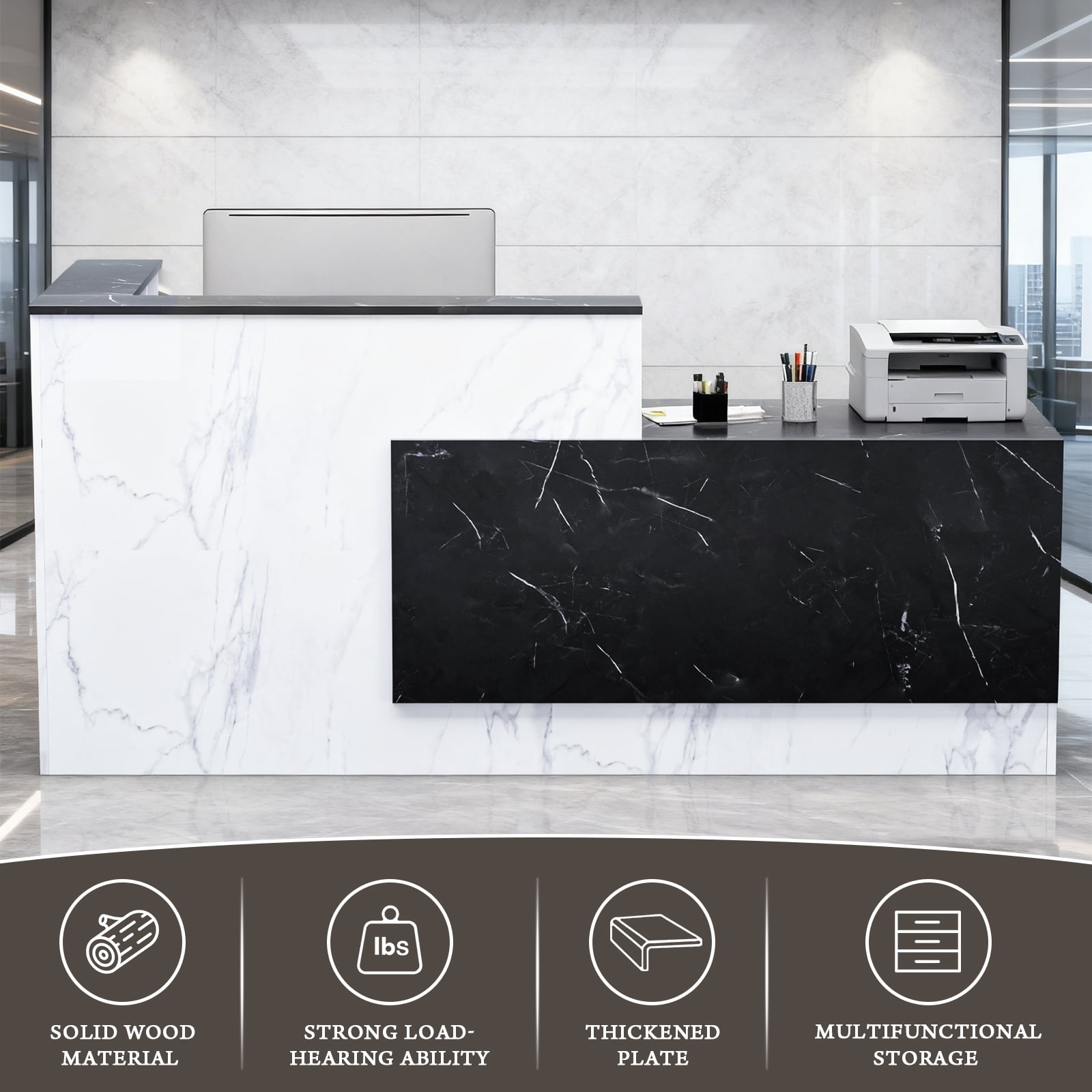 Esheno 71in Reception Desk Wood Front Counter Black White Matte Right Side Cabinet for Office School