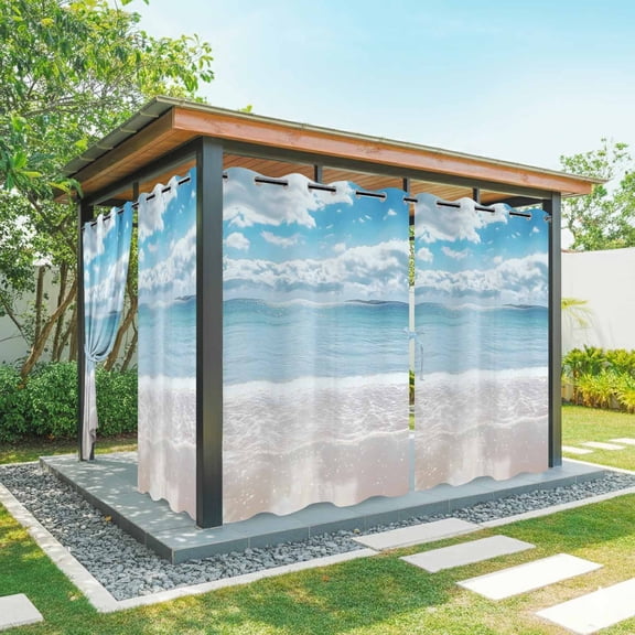 Ocean Beach Outdoor Curtains for Patio Waterproof,Windproof Privacy Curtains with Weighted Bottom,Natural Blue Sea Waves Sky Cloudy Scenery Outside Drapes for Picnic Garage Yard 54"x84" 2 Panel