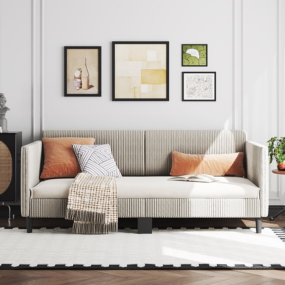 Zimtown Twin Size Daybed Frame, Upholstered Comfy Couch Sofa Bed for Bedroom, Living Room, Movie Room, Single Bed,Beige White