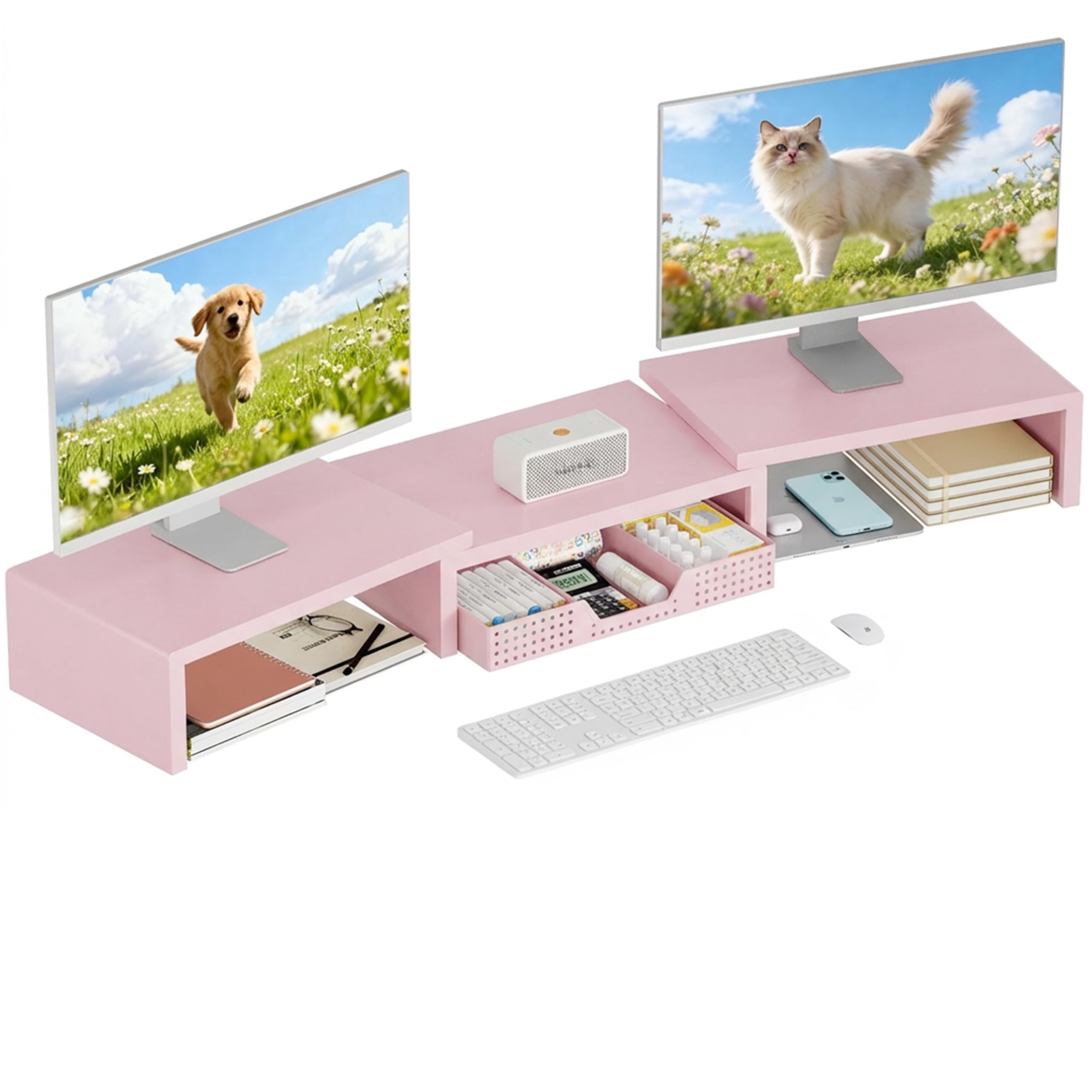 Desk Organizers And Accessories  Dual Computer Monitor Stand Riser With Drawer Office Decor For Women & Workspace Pink