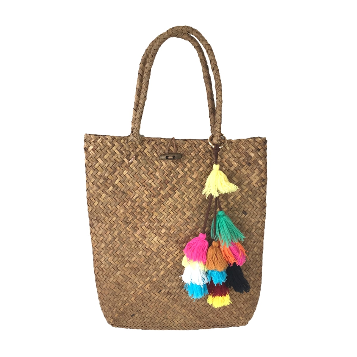Blue Island Natural Straw Slim Tote w Colorful Tassels, Natural/Multi