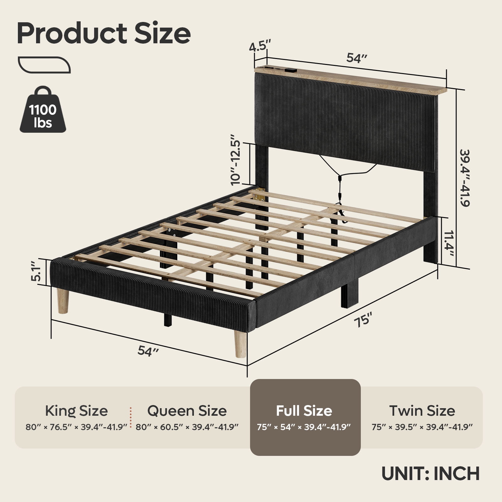 Bestier Full Platform Bed with Adjustable Storage Headboard Shelf, LED Corduroy Upholstered Bed Frame, Black
