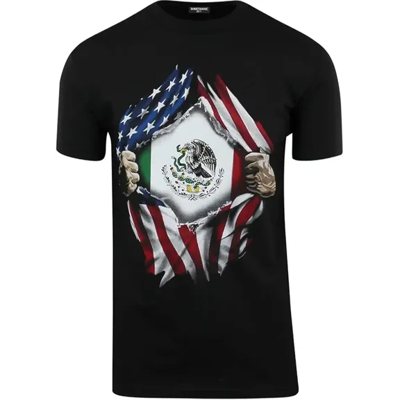 Mexican American Heritage Pride Ripped USA Flag Mexico Eagle Graphic Tee Men's Black Cotton T-Shirt Retro Patriotic Roots Apparel