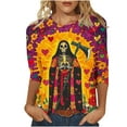 thumbnail image 2 of Women's Day of The Dead Print T-Shirt Crew Neck 3/4 Sleeve Loose Fit Mexican Skull Tee, 2 of 5