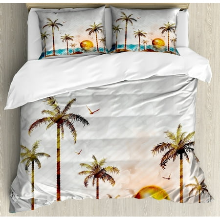 Island Duvet Cover Set Tropical Landscape In Watercolor Style