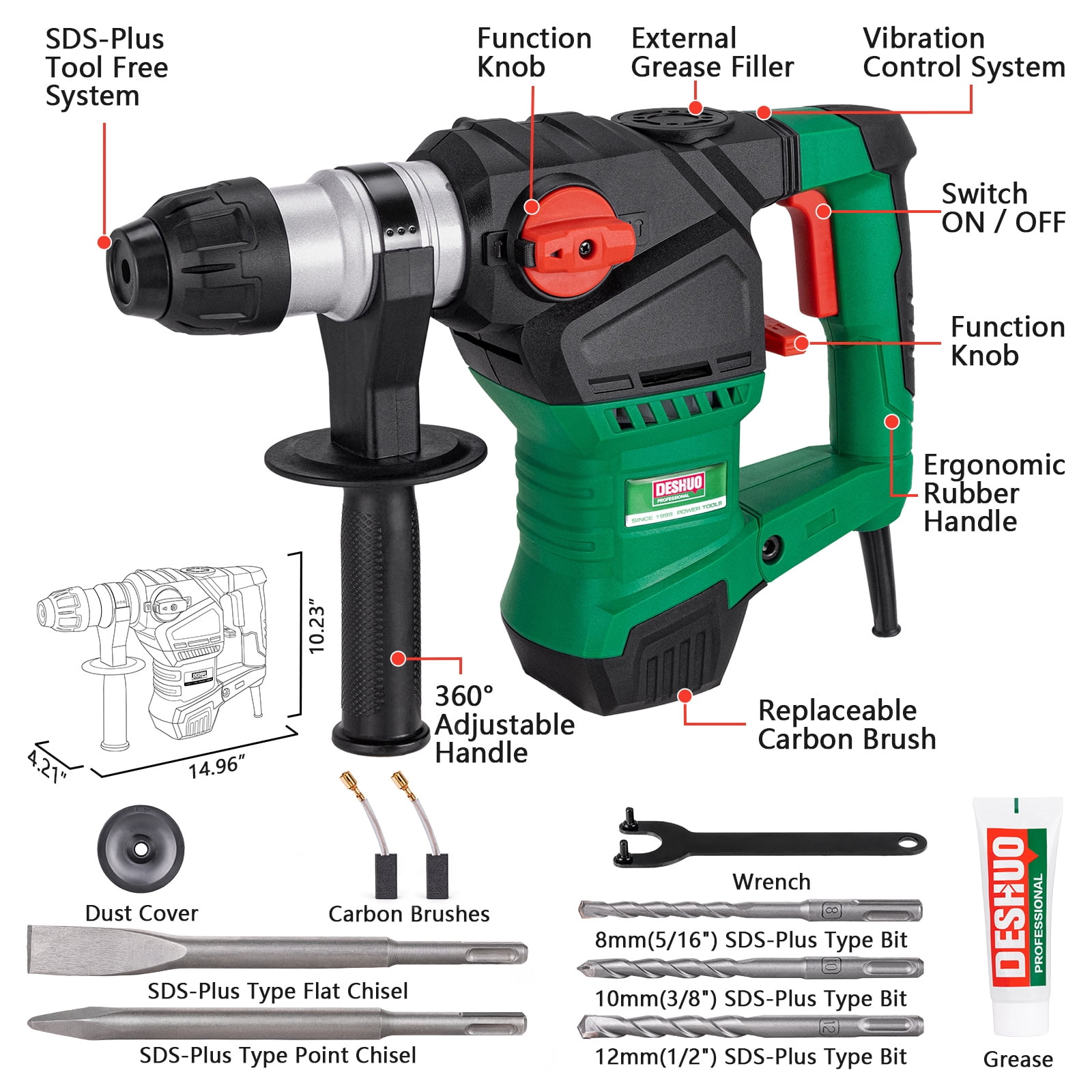 Deshuo 1-1/2 in Sds-Max Rotary Hammer, 12.5 Amp, 3 Functions, Vibration Control, Safety Clutch, with Bits and Case