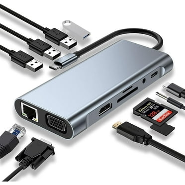 11-in-1 USB-C Hub Adapter with 4K HDMI, VGA, Type C PD, USB 3.0, RJ45 Ethernet, SD/TF Card Reader, 3.5mm AUX - Docking Station for MacBook Pro/Air, Type C Laptops