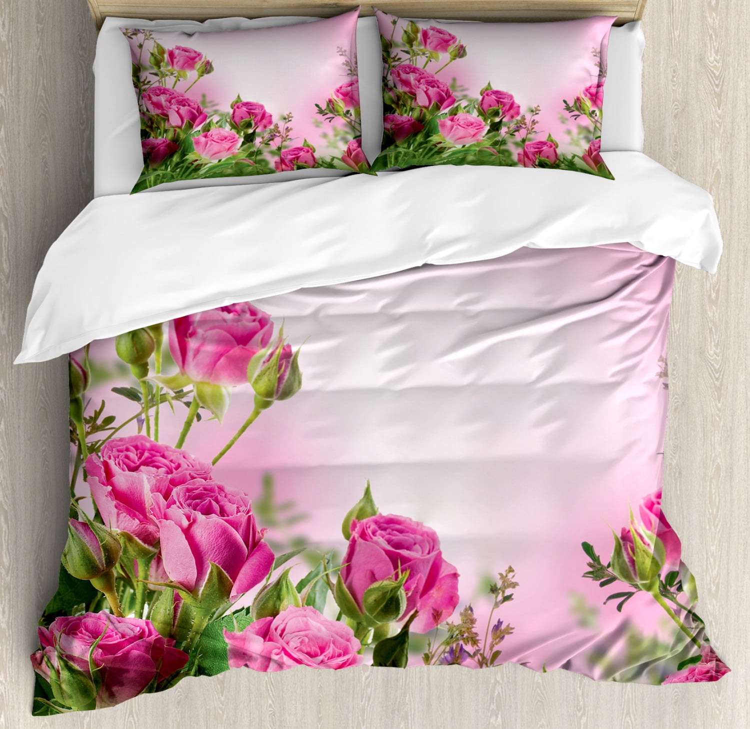 Flower Duvet Cover Set Spring Season Time Roses With Leaves And