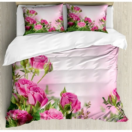 Flower Duvet Cover Set Spring Season Time Roses With Leaves And