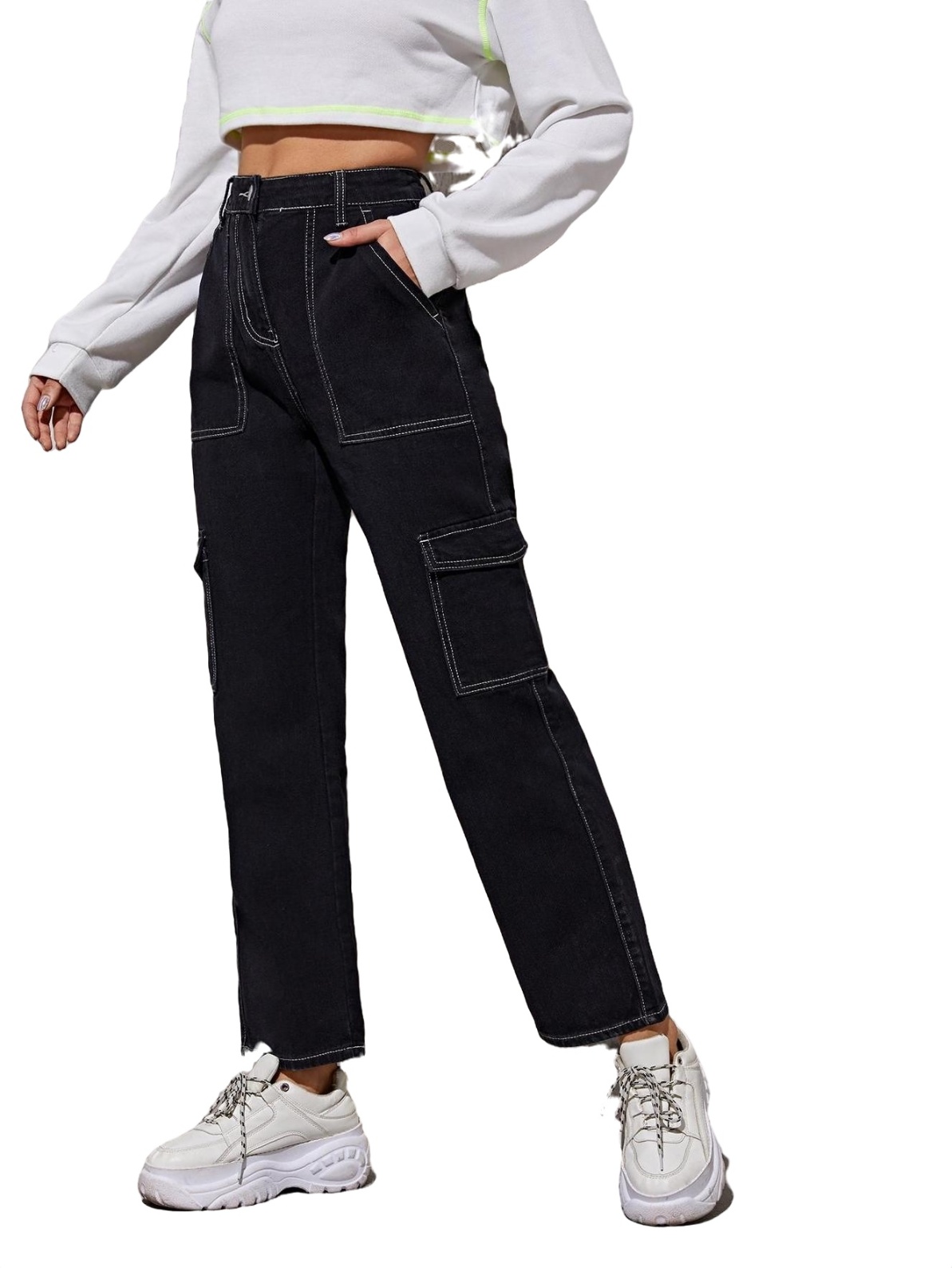 Women's Waist Denim Straight Cargo Jeans Black - Walmart.com