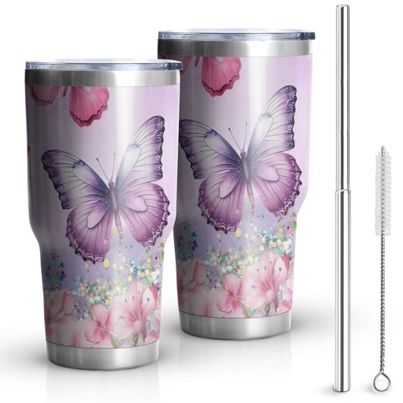 30oz Pink Butterfly Flower Pattern Tumblers Stainless Steel Tumbler with Lid and Straw,Vacuum Insulated Double Wall Travel Tumbler Cups Mug with Cleaning Brush for Coffee,Tea