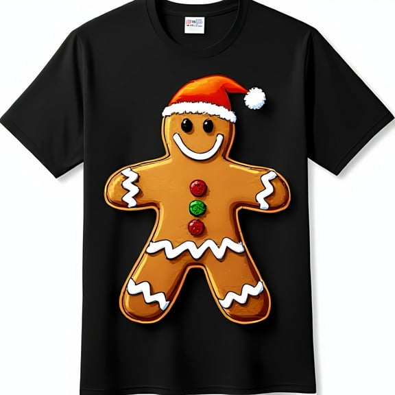 Funny Gingerbread Man in Santa Hat Graphic Black T-Shirt for Christmas
