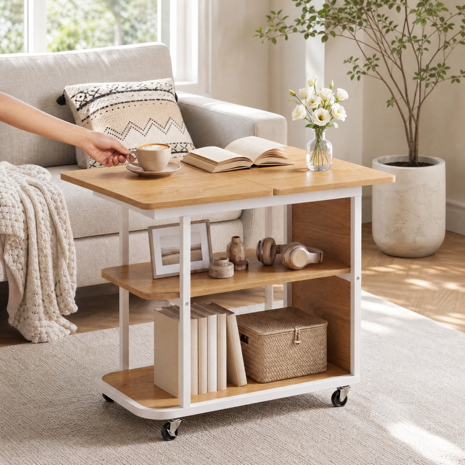Furnibear Mobile Nightstand with Foldable Swivel Top and 2 Tier Shelf Rolling Bedside Table for Small Spaces Bedroom, Natural
