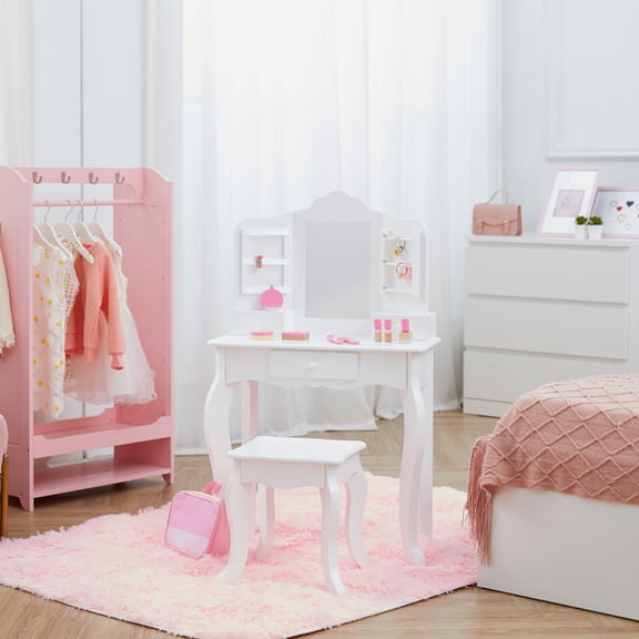 Teamson Kids Wooden Kids Vanity Table and Stool Set, Elegant White Pretend Play Set with Mirror, 3 Storage Drawers, Jewelry Hooks Little Princess Anna