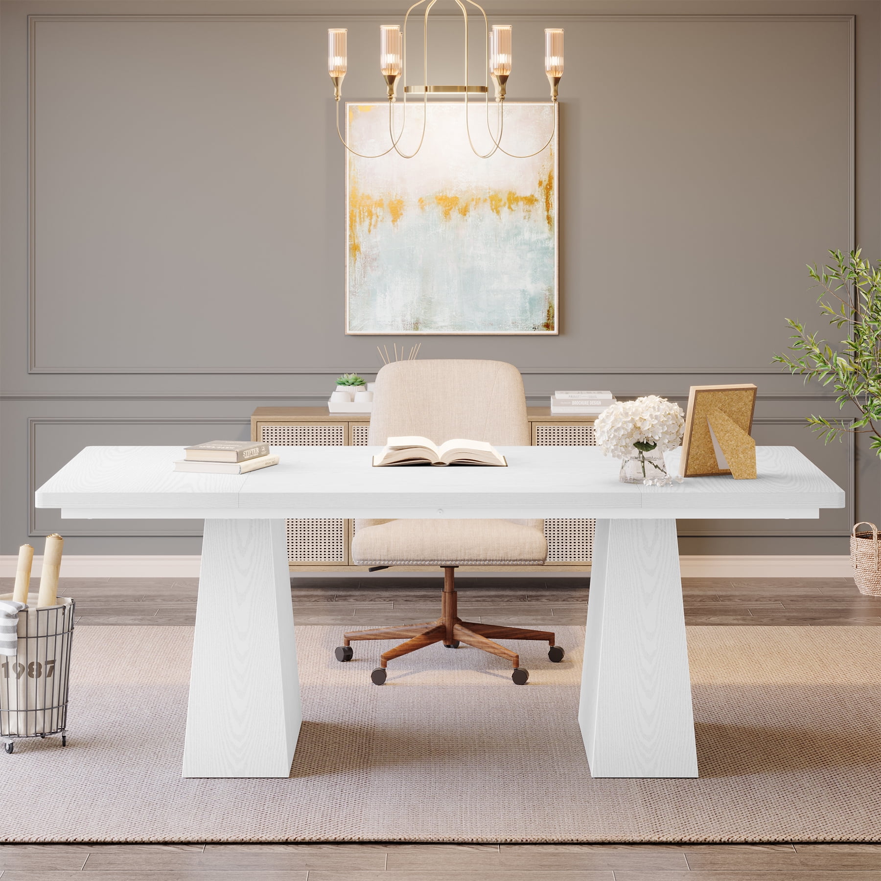 Tribesigns 63" Executive Desk, Modern Office Computer Desk with Double Pedestal, Large Simple Workstations Writing Table Conference Table, White