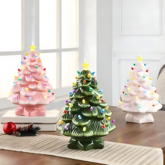 BESTSKY Ceramic Christmas Tree 4.7 Inch, Pre Lit Tabletop Mini Tree with Base, Hand Painted Small Artificial Glowing Xmas Decor for Centerpiece, Mantel, and Holiday Gifting
