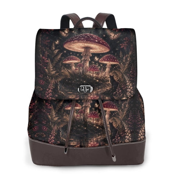 Enchanted Mushroom Forest Women's Leather Backpack All-Over Print Bag for Work and Travel