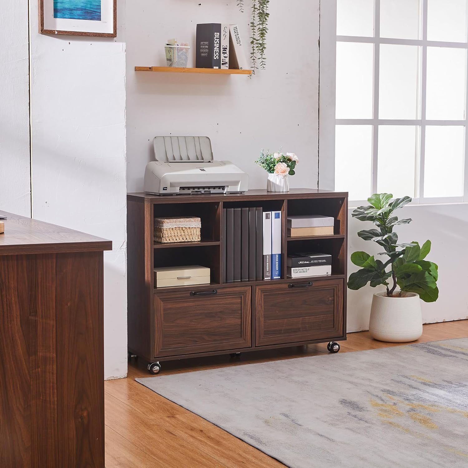 LayBurst 39.3" Farmhouse Wood File Cabinet with Wheels,Small Home Office Storage,Rolling File Cabinet with 2 Drawers for Legal/Letter/ A4 Size (Brown)