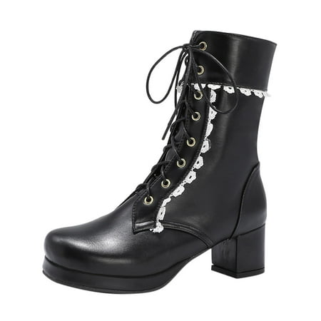 

EQWLJWE 2022 Booties for Women s Fashion Lace Leather Boots Square Head Thick Heel Strap Casual Booties Deals Discount Clearance