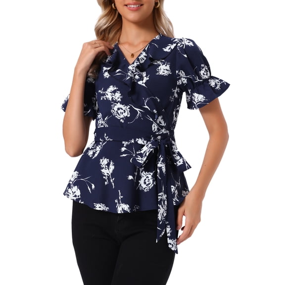 INSPIRE CHIC Women's Wrap Peplum Top Blouse Summer Floral Short Sleeve Ruffle V Neck Belted Shirts Navy Blue XL
