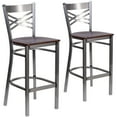 thumbnail image 3 of BizChair 2 Pk. Silver Antique Finish with Clear Coat ''X'' Back Metal Restaurant Barstool - Walnut Wood Seat, 3 of 8