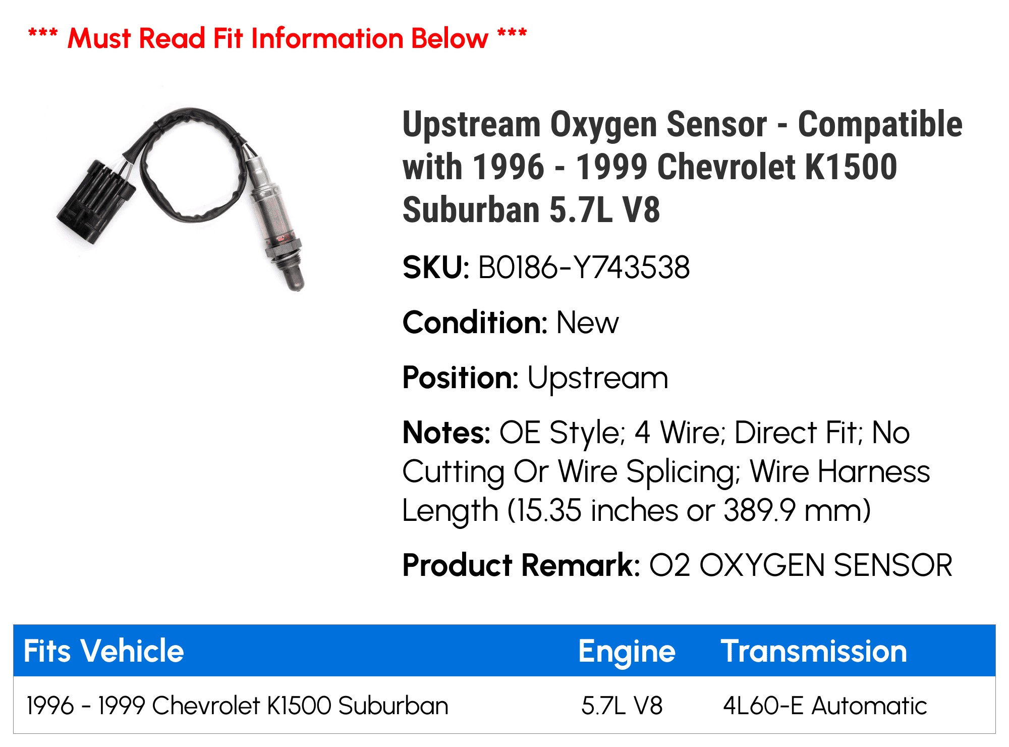 Upstream Oxygen Sensor - Compatible with 1996 - 1999 Chevy K1500 Suburban 5.7L V8 1997 1998