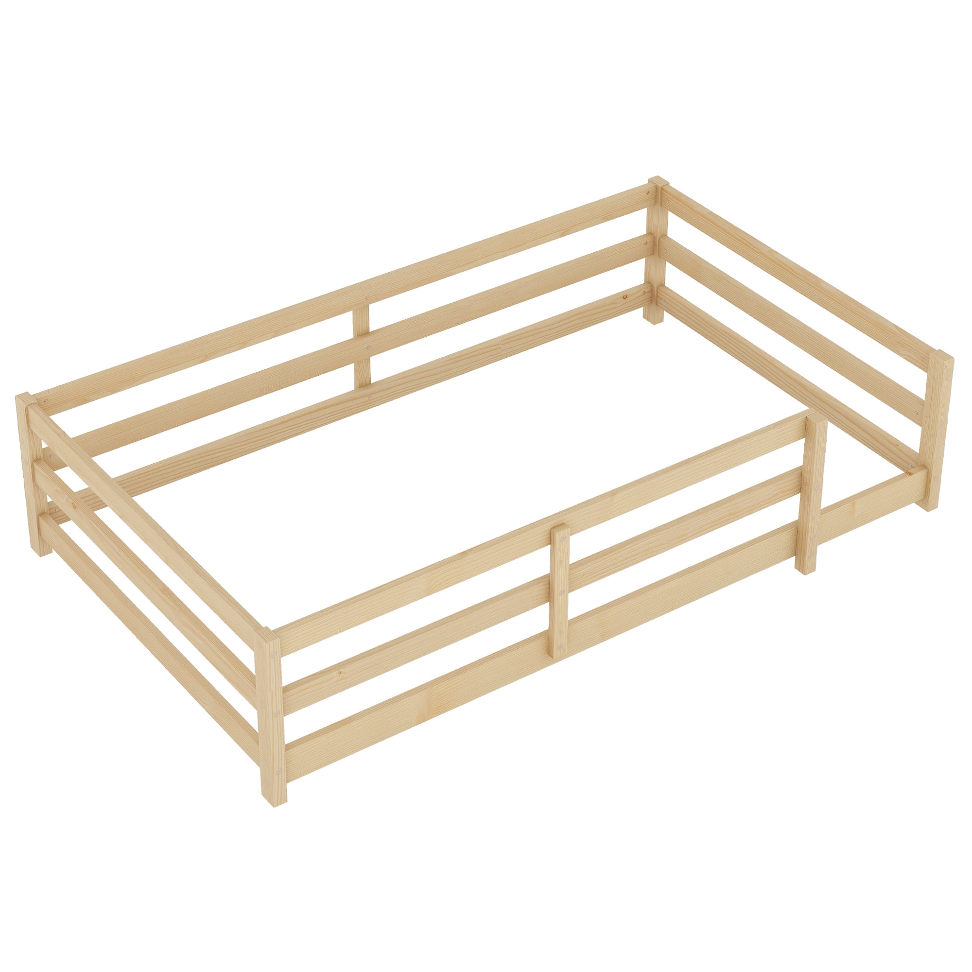 Floor Bed, Twin Size Montessori Bed Frame, Wood Floor Bed with Fence and Guardrails, No Box Spring Needed, Natural Wood Finish