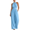 thumbnail image 3 of AJGRHE Women's Elegant Halter Jumpsuit Summer Cut Out Wide Leg Dressy Casual Romper Sleeveless Neck Jumpsuit Loose Wide Leg Elegant Waist Cinching Piece Blue XL, 3 of 8