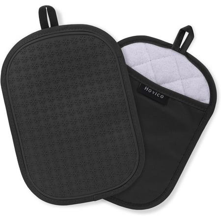 2PCS Silicone Pot Holders Oven Mitts Heat Resistant Hot Pads with Pockets Non Slip Pot Holder for Kitchen Baking and Cooking| 9.8 x 7 Inches | Towel Cloth Interior Lining - Black