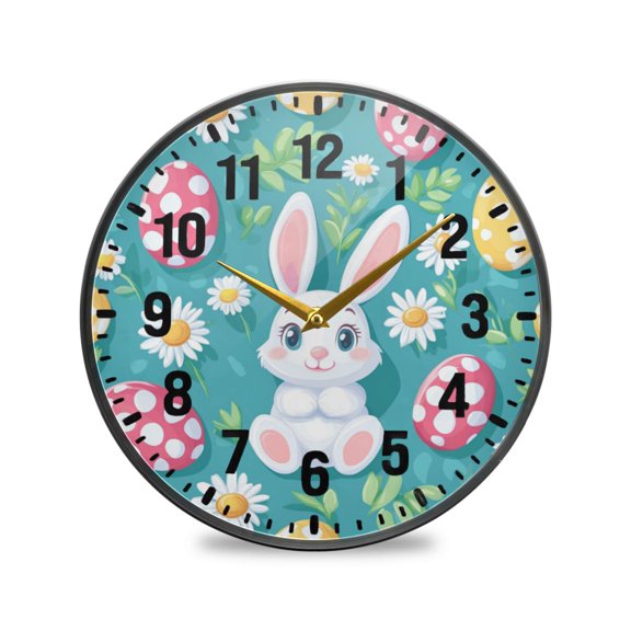 Yayeee Wall Clock Battery Operated 9.5" Silent Quartz Non-Ticking for Living Room Decor, Cartoon Easter Bunny