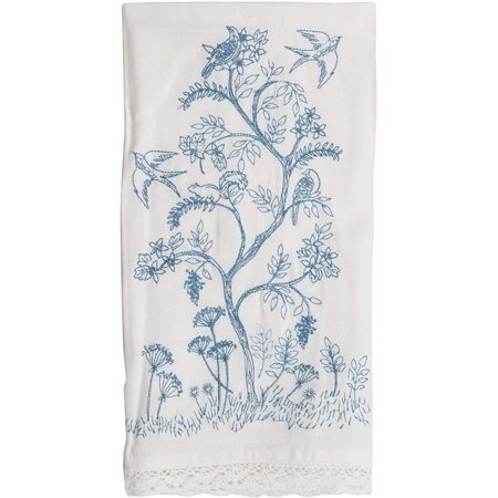 & Chinoiserie Pattern 27 x 18 Inch Embroide Kitchen Tea Towel with H Sewn Lace Trim