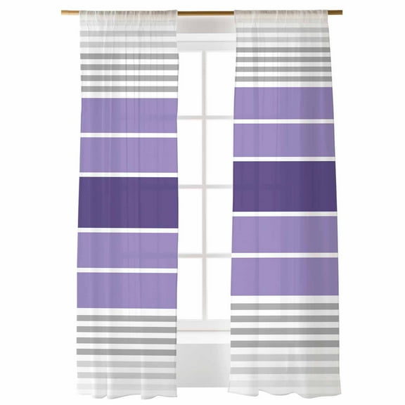 Sheer Curtains 96 inches Long, Minimalist Purple Gradient Gray Stripe Light Filtering Sheer Window Curtains Rod Pocket Voile Drapes for Bedroom Living Room, 52"W x 96"L 2 Panels