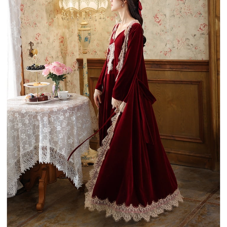 Defitshape Women's Velvet Nightgown Bathrobe Set Luxury 2 Piece Full Length Dressing  Gown Lace Robe Pajamas Fancy Pj Set Burgundy Medium - Walmart.com