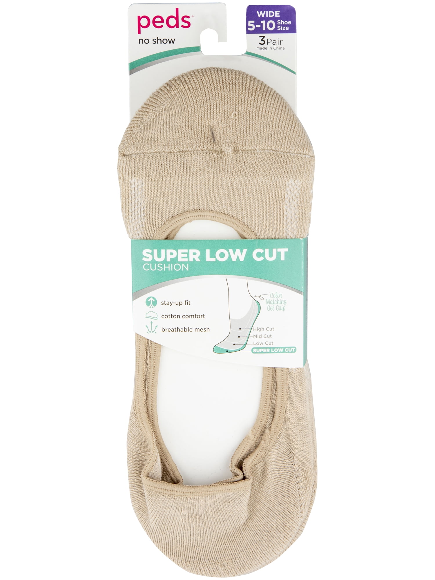 Peds Women's Cushion Super Low Cut No Show Liners, Shoe Sizes 5-10, 5-10W and 8-12, 3 Pairs
