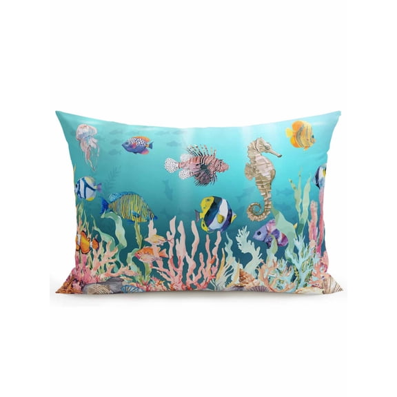 1 Pack Outdoor Throw Pillow, Seahorse Coastal Waterproof Pillow with Insert Included, Nautical Ocean Summer Blue Teal Coral Shell Decorative Accent Cushion Lumbar Pillows for Patio Porch, 12 x 20 In