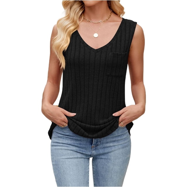 Camisetas Sin Mangas de Verano para Mujer, Camisetas Sin Mangas, Cuello en V, Ropa Informal Holgada, Conjuntos. Negro XXL