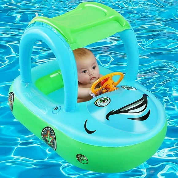 Baby Swimming Pool Float Boat Inflatable Baby Pool Toys with UPF 50+ Canopy Kids Water Toys Beach Suit for Toddler Light Blue