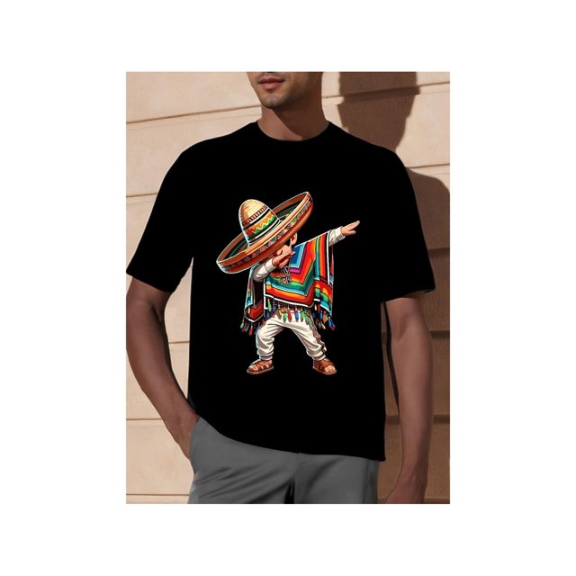 Cotton Short Sleeve T-Shirt Men's Cotton Printed T-Shirt with Mexican Boy Dabbing in Poncho for Cinco de Mayo Streetwear Casual Graphic tees