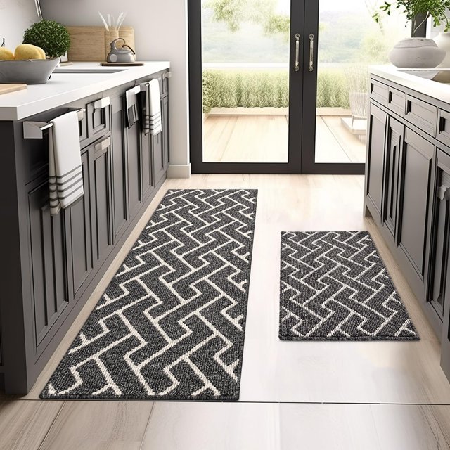 SHIQI-Kitchen Rugs and Mats Sets,2 Pieces Super Absorbent Polypropylene Non-Slip Rug,Soft Comfort Floor Mat,Machine Wash for Kitchen,Hallway,Office,Sink,Laundry(20" x 31.5"+20" x 59",Black)