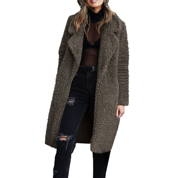 Dgankt Coats for Women Fuzzy Fleece Lapel Open Front Long Cardigan Coat Faux Fur Warm Winter Outwear Jackets,Sizes S-3XL
