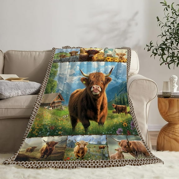 Highland Cow Blanket Gift for Girls, Boys, Women, Farm Fun Animal Cow Throw Blanket, Mountain Wool Flannel Blanket, Soft and Lightweight Plush Blanket for Teens, Adults Bed Sofa Decor, 60" x 50"