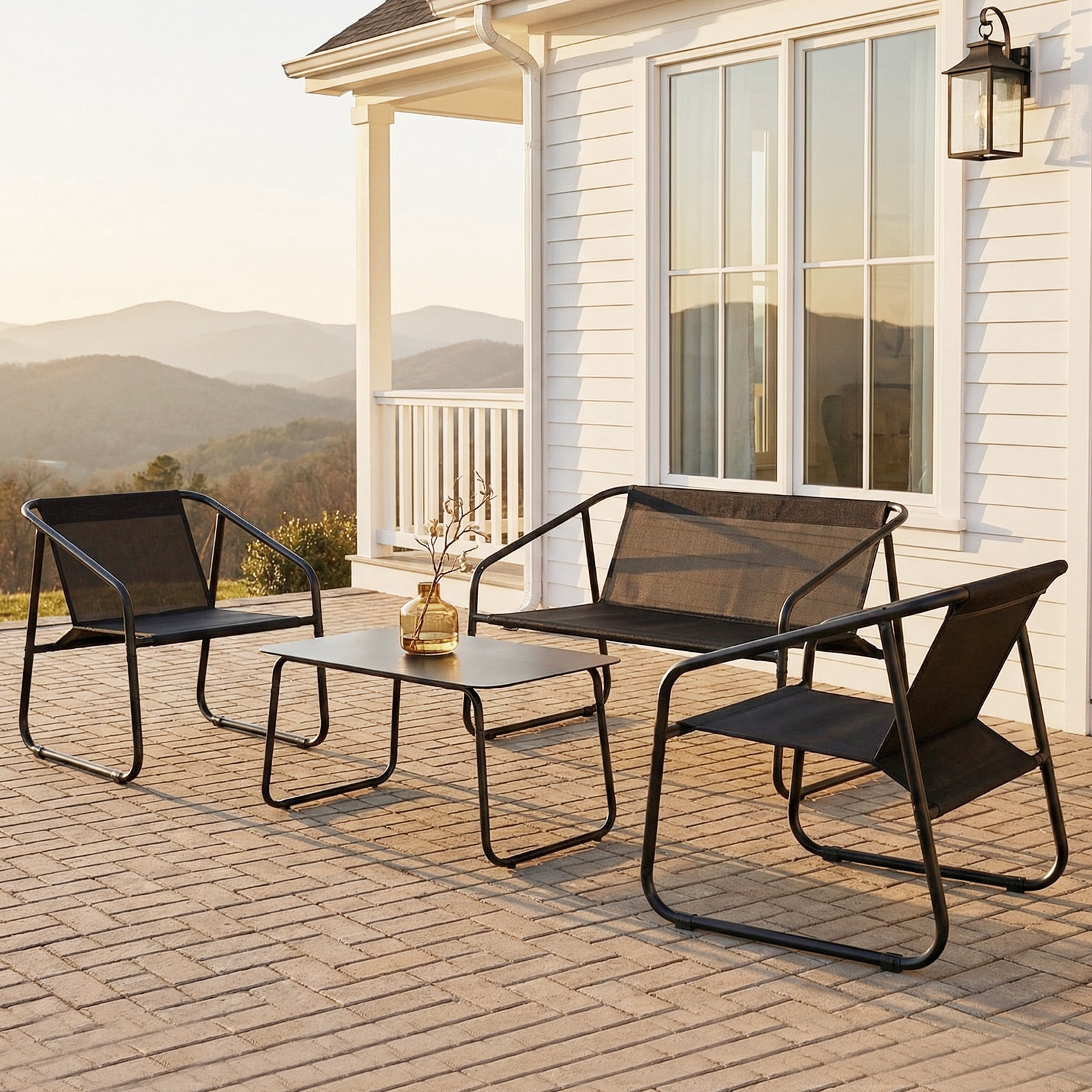 Simenmax 4-Piece Patio Furniture Set, Outdoor Bistro Conversation Set with Tempered Glass Coffee Table for Garden, Poolside, Balcony, Black