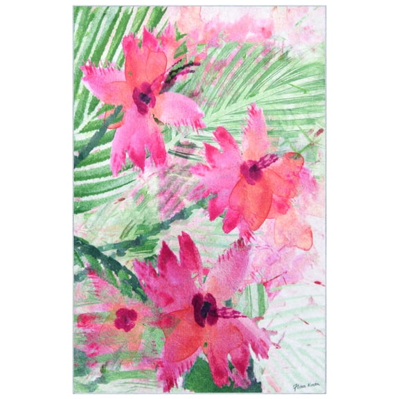 Pink Green Floral I, 5'x8' Hand Washable Flowers Art Area Rug